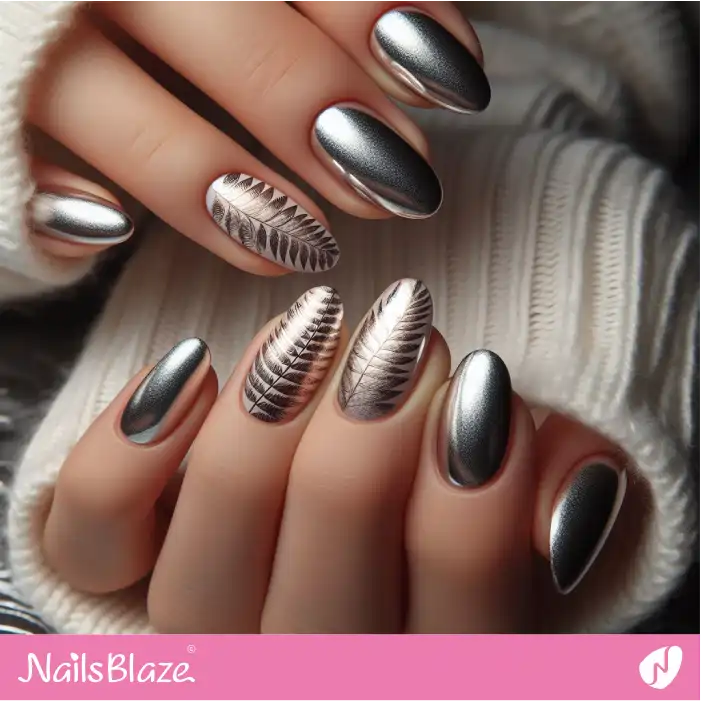 Gold and Silver Chrome Fern Nails | Nature-inspired Nails - NB1573